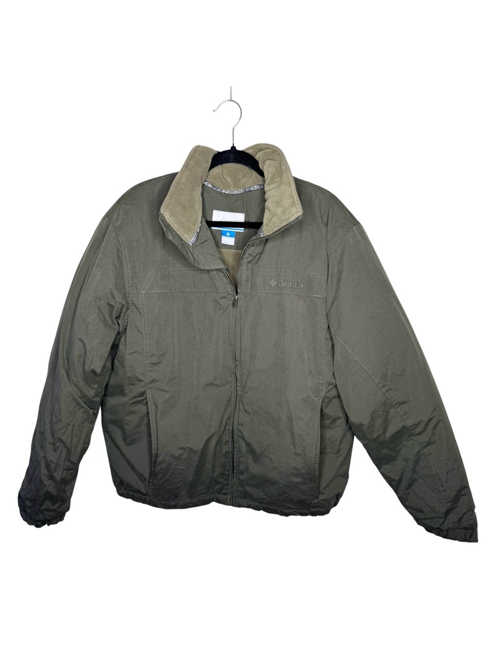 COLUMBIA / olive military green fleece lined bomber puffer jacket / L